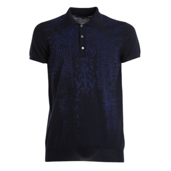 Roberto Cavalli Polo Shirt 100% Wool Knit Navy Blue Snake Print Mens Medium - Picture 3 of 13
